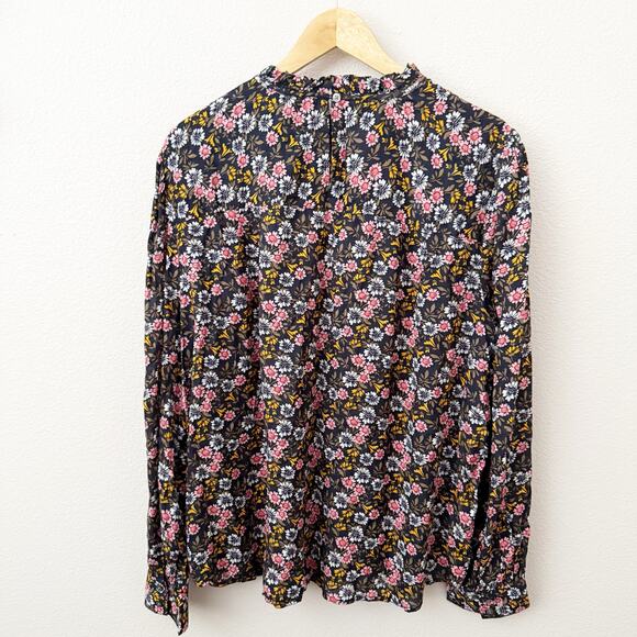 LOFT | Floral Ruffle Blouse Pink Black Preppy Boho Flower High-neck | Size XL - Picture 7 of 8